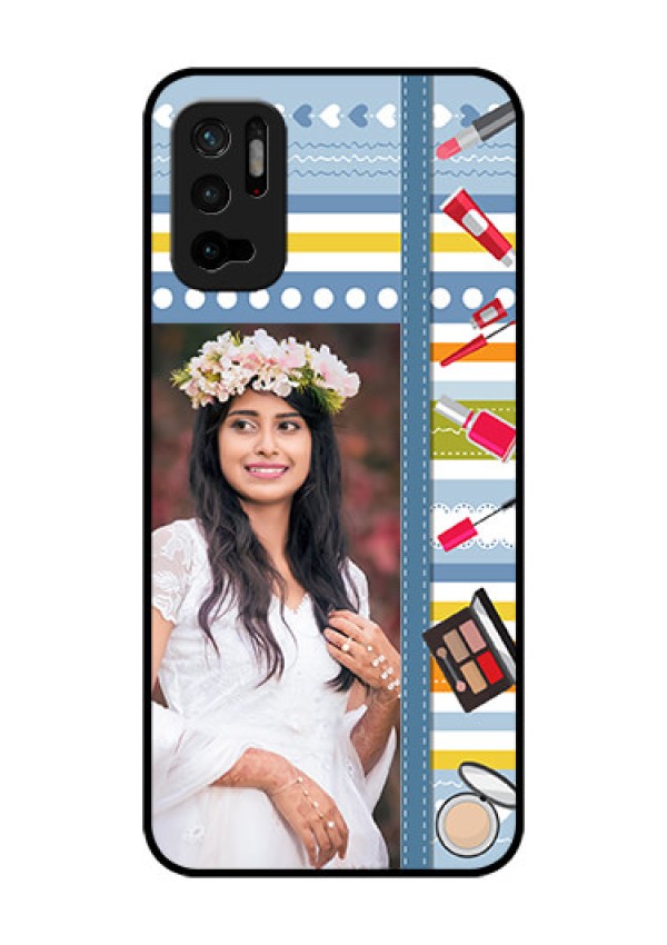 Redmi Note 10T 5G Personalized Glass Phone Case - Makeup Icons Design