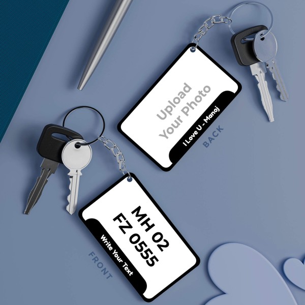 Number Plate Styled Full Picture Upload Design With Text Keychain