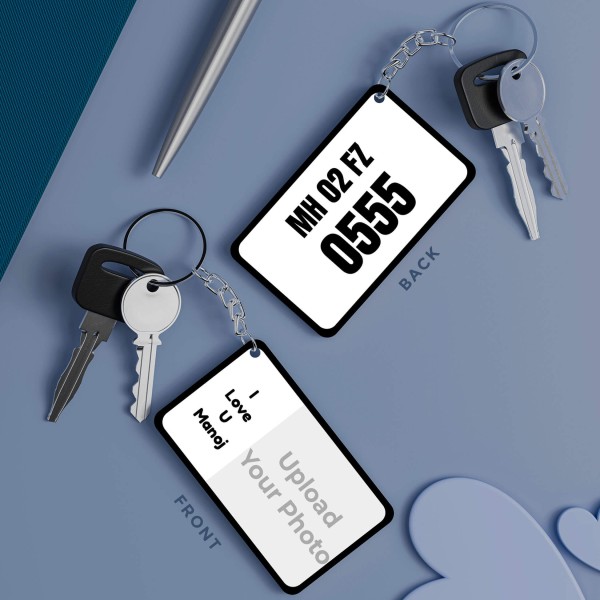 Number Plate Styled Design With Picture and Text Keychain