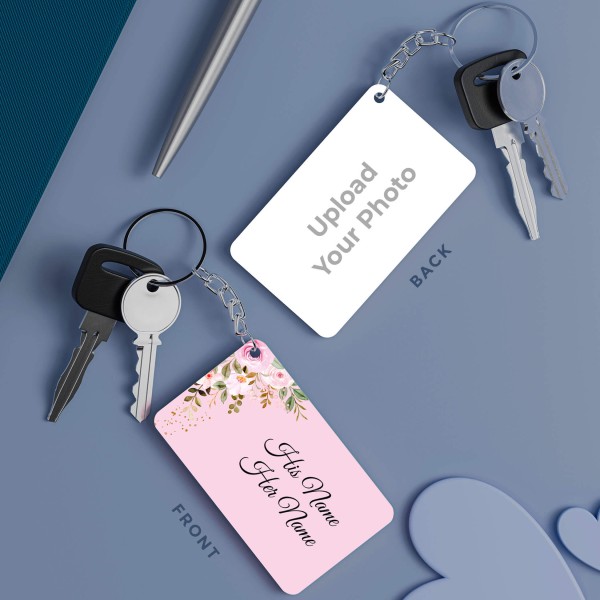 Couples Floral Pattern Full Picture Upload Design With Text Keychain