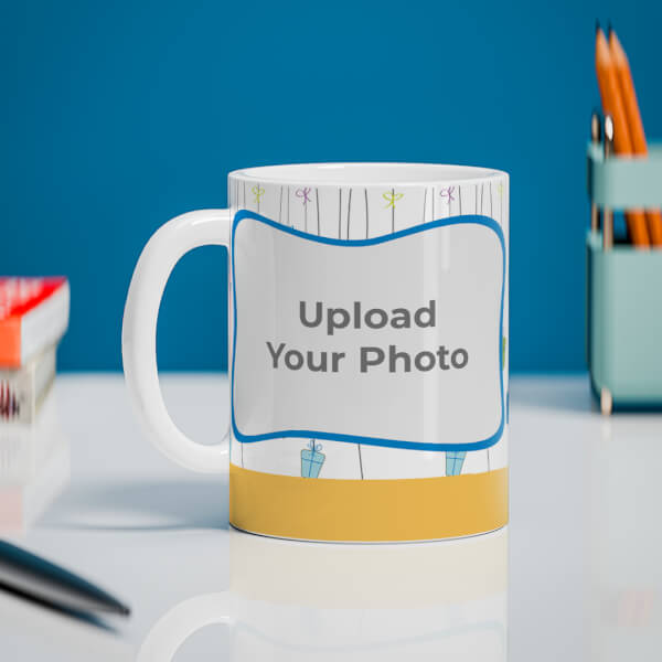 Multiple Kids Behind The Wall And Gifts Pattern Background Design On Mug