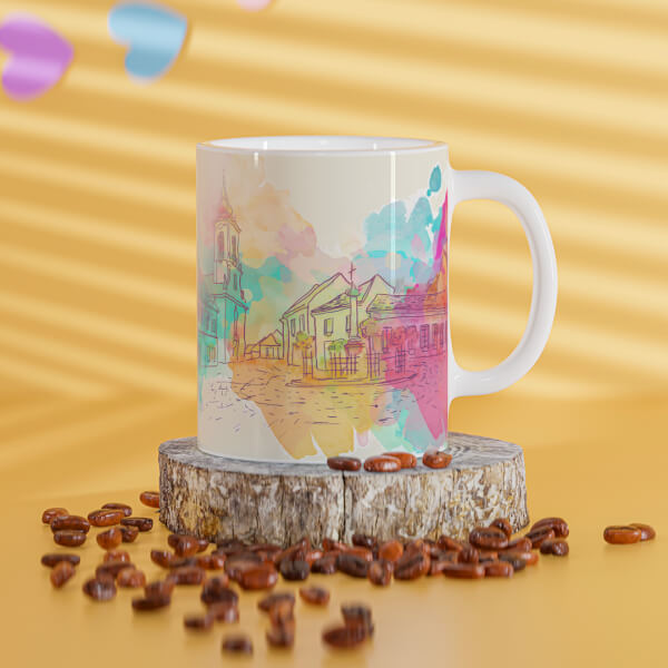 Artistic City Painting Background Design On Mug