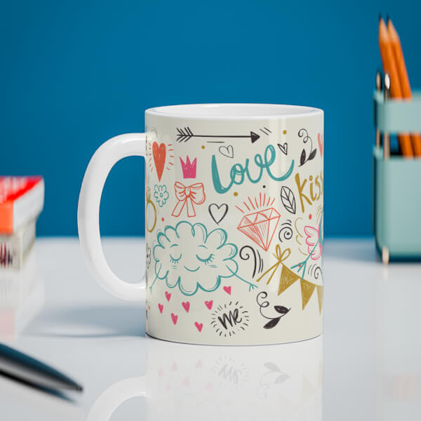 Love, Ring, Kiss, Me & Etc. Pattern Background With Flower Shape Pic Upload Design On Mug