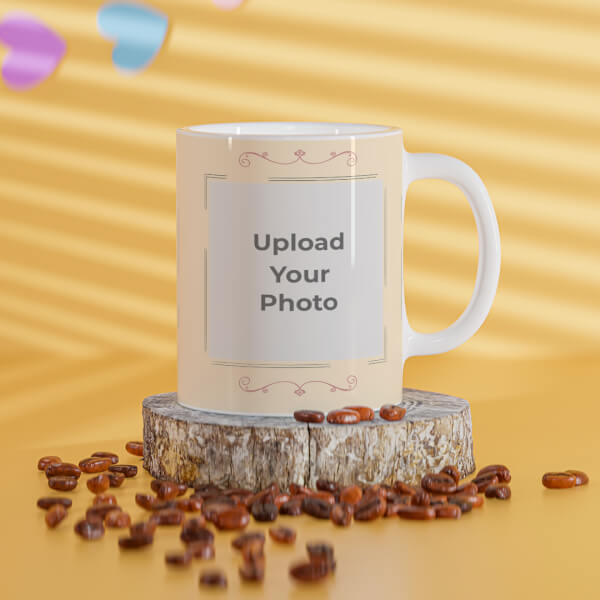 Cream color Floral Ornament Border With 3 Pic Upload Upload Design On Mug