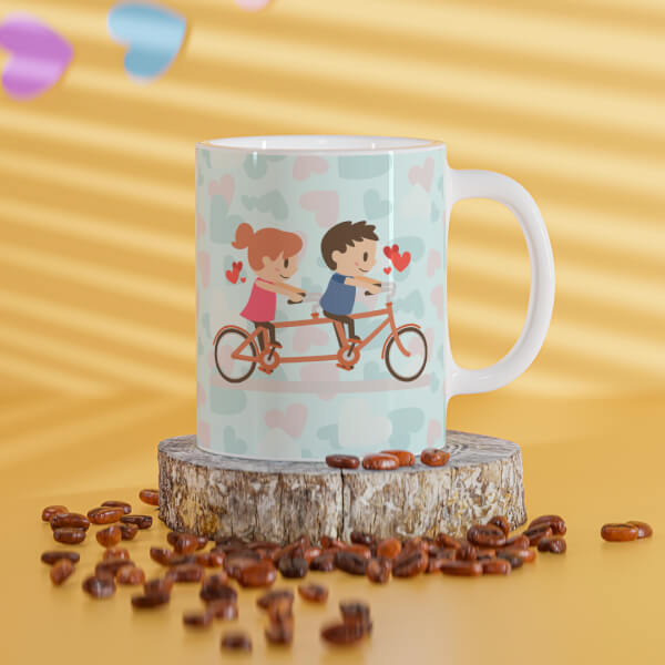 Couple Cycling In Love Symbol Pattern Background Design On Mug