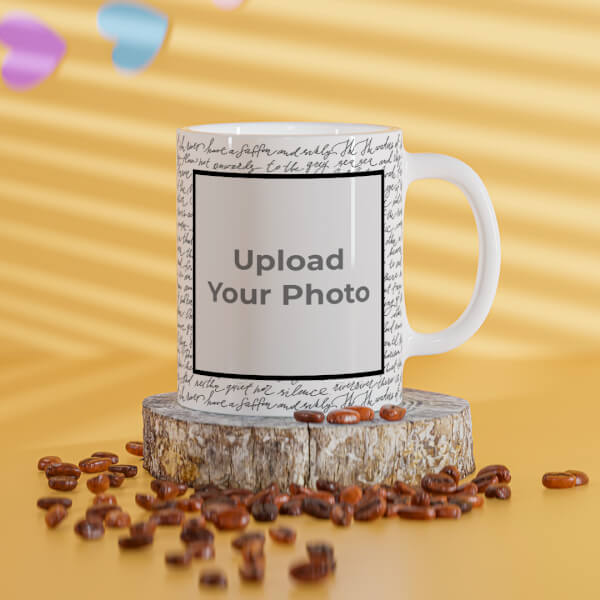 Cursive Writing Background With Square Pic Upload Design On Mug