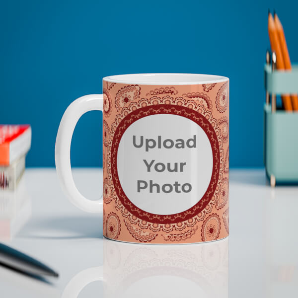 Pattern Background With Two Oval Shaped Pic Upload Design On Mug