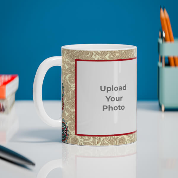 Traditional Background With 4 Pic Upload Design On Mug