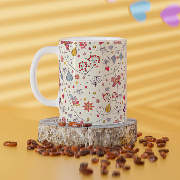 Multiple Trees, Flower & Butterfly?s Pattern Background Design On Mug