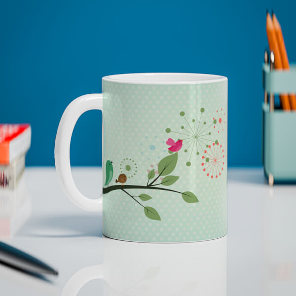 Birds On Tree Branch With Light Green Love Symbols Background Design On Mug