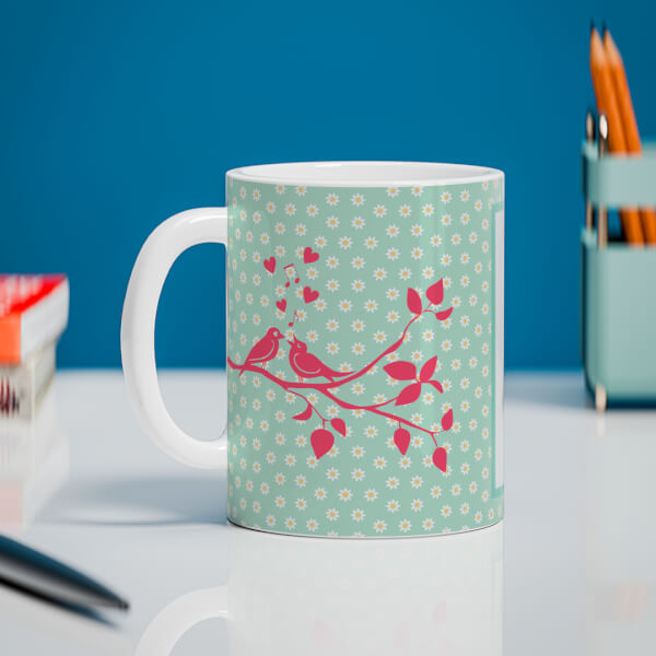 Love Birds Singing On Tree Branch With Sunflower Pattern Background Design On Mug