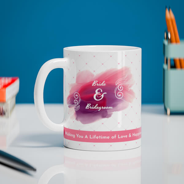 Bride & Bridegroom With Love Shape Pic Upload Design On Mug