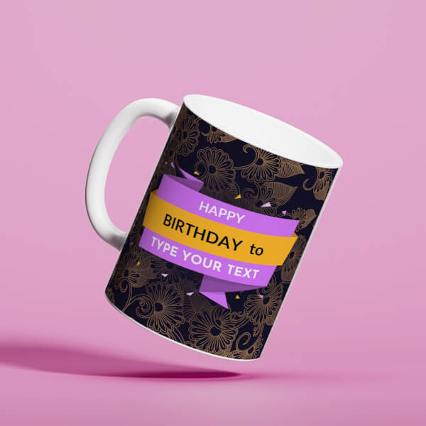 Happy Birthday With Gold Floral Background Design On Mug