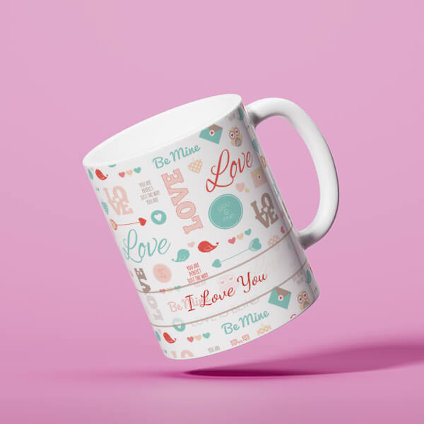 Love, You & Me, Birds Pattern Background Design On Mug