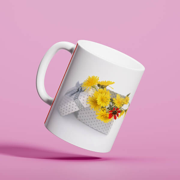 Yellow Color Flowers in Basket Design On Mug