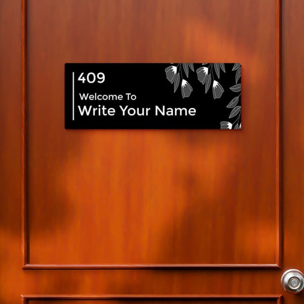 Floral Rectangular Design Black Color Nameplate