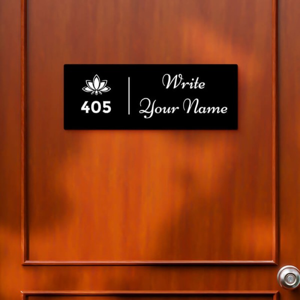 Blooming Flower Rectangular Design Black Color Nameplate