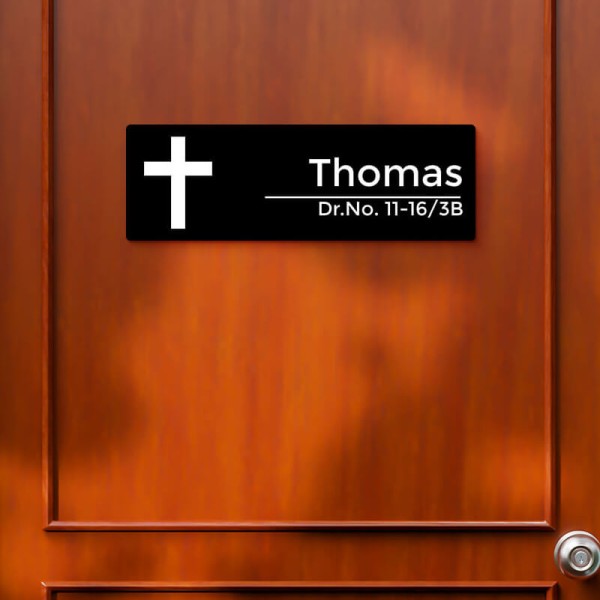Simple Rectangular Holy Cross Design Black Color Nameplate