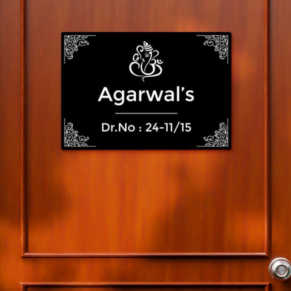 Lord Ganesha Floral Patterned Design Black Color Nameplate