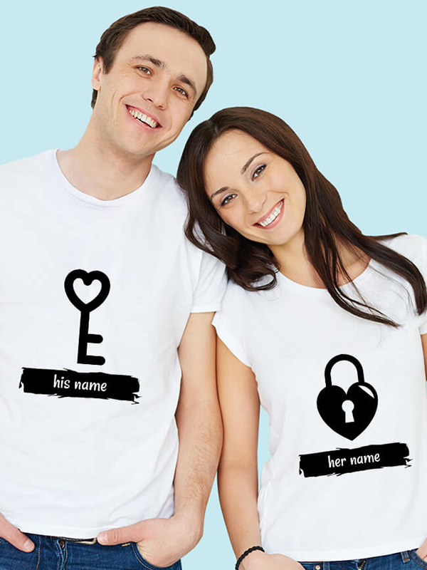 Romantic Heart Lock And Vertical Key Couples T Shirt