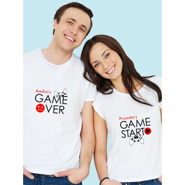 Game Start Game Over Theme with Name On Customized Couple T-Shirt