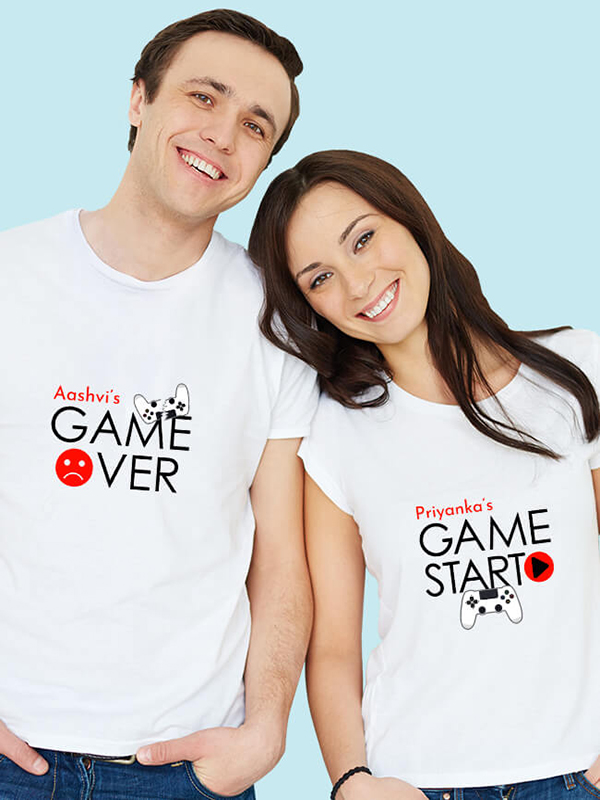 Game Start Game Over Theme with Name On Customized Couple T-Shirt