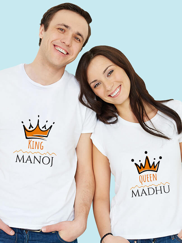 Queen and King with Couple Name On Customized Couple Tshirt