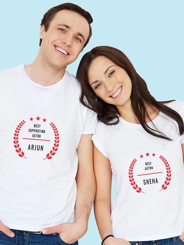 Best Actor and Best Supporting Actor with Names On Personalized Couple T-Shirt