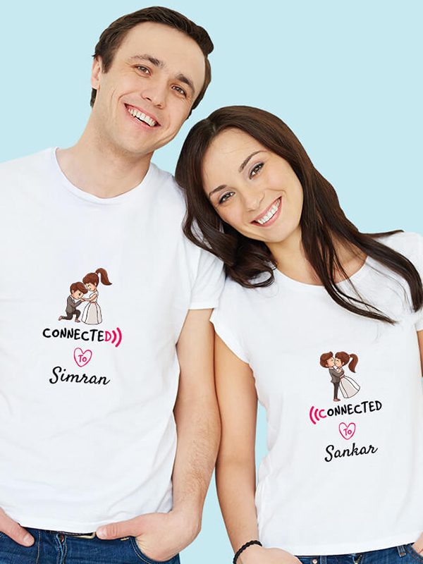 Connected to with Names On Customized Couple T-Shirt