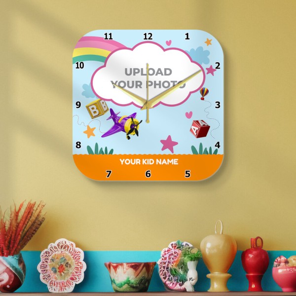 Kids Square Curved Edges Shaped Photo Wall Clock