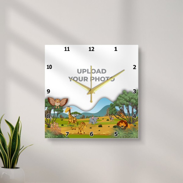 Kids Square Shaped Cartoon Characters Foreground Photo Wall Clock
