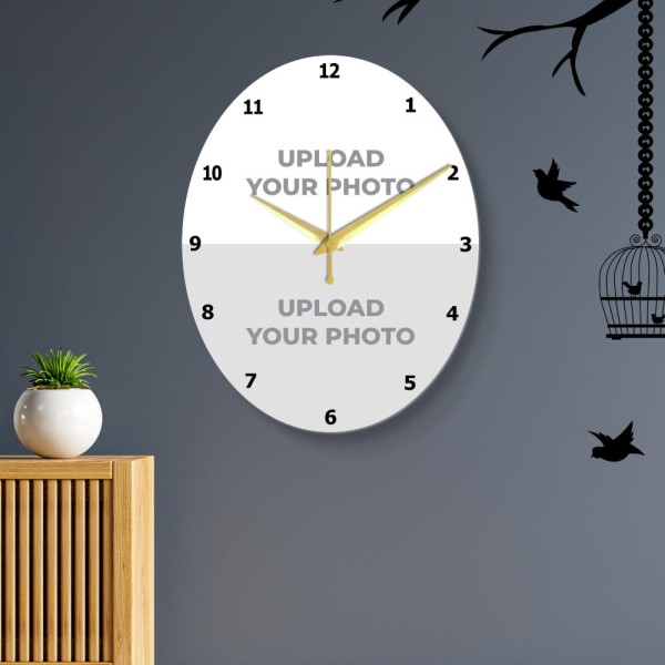 Oval Double Picture Upload Clock Design Photo Wall Clock