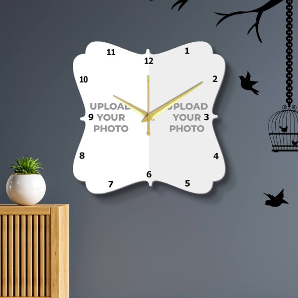 Floral Type Shaped Two Picture Upload Design Photo Wall Clock