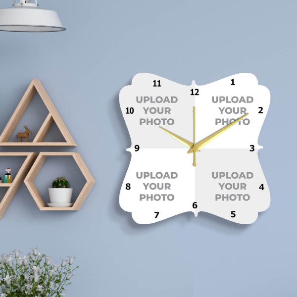 Floral Type Shaped Four Picture Upload Design Photo Wall Clock