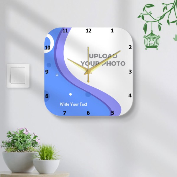 Curved Square Shaped With Text In Wavy Shaped Background Photo Wall Clock