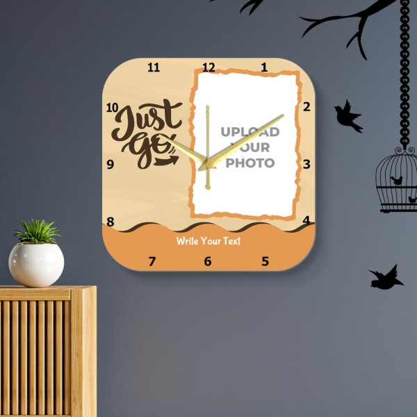 Curved Square Shaped With Text In Wavy Orange Colored Background Photo Wall Clock