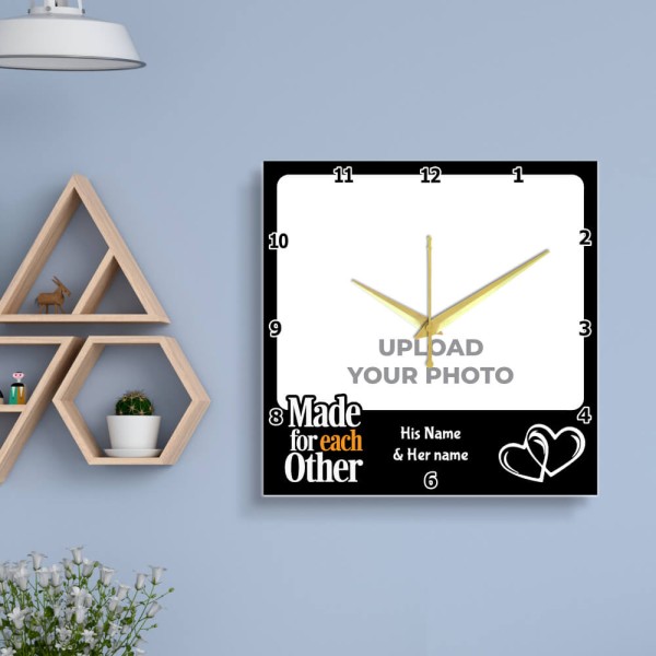 Simple Square Shaped Photo Wall Clock With Made For Each Other Custom Text
