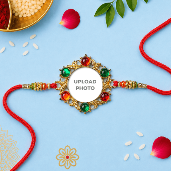Emerald Green and Ruby Red Round Stones Rakhi