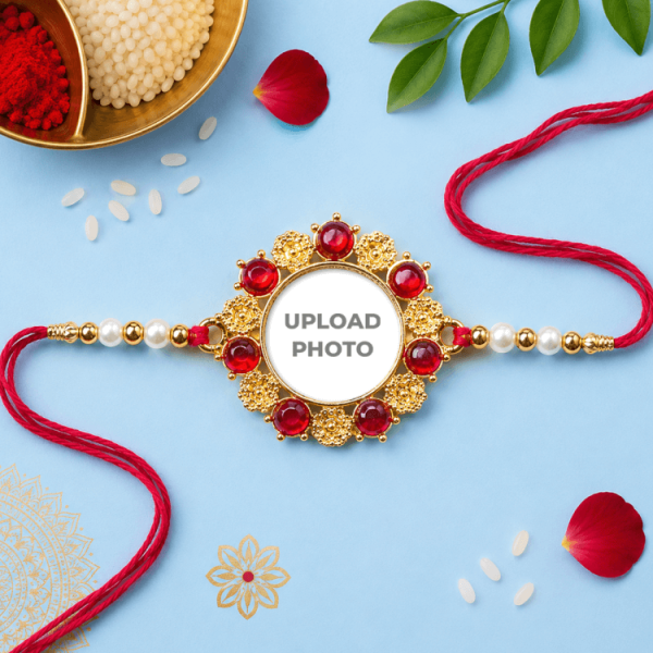 Ruby Red Round Stones Photo Rakhi