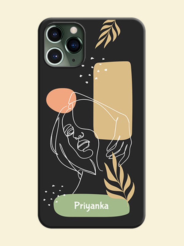 Custom Text With Line Art Of Women & Leaves Design On Space Black Personalized Soft Matte Phone Covers -Apple Iphone 11 Pro