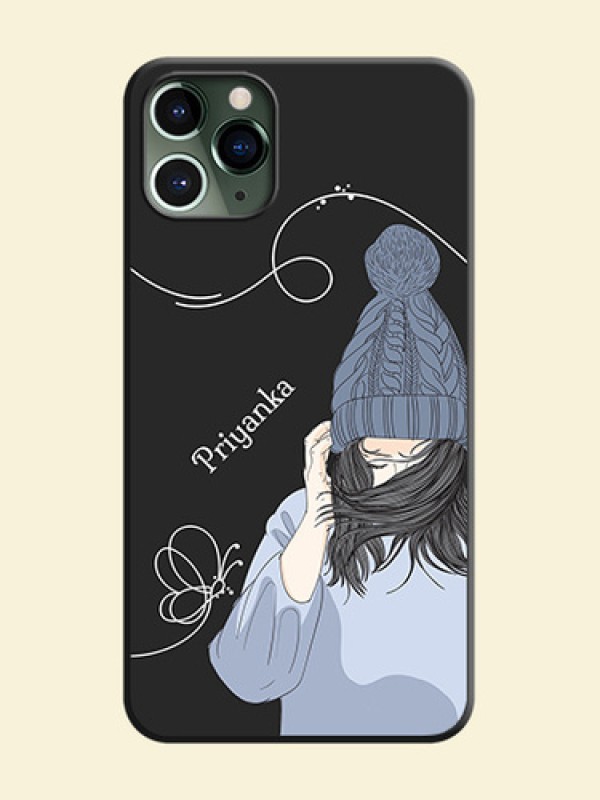 Girl With Blue Winter Outfiit Custom Text Design On Space Black Personalized Soft Matte Phone Covers -Apple Iphone 11 Pro