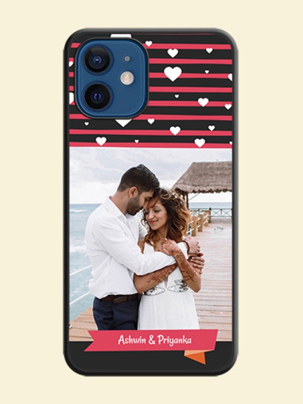 White Color Love Symbols with Pink Lines Pattern on Space Black Custom Soft Matte Phone Cases - iPhone 12 Mini