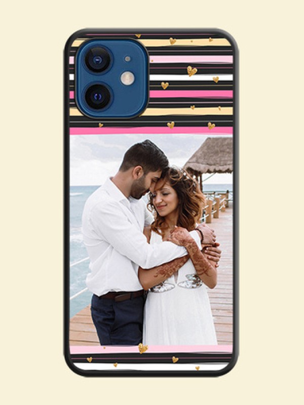 Multicolor Lines and Golden Love Symbols Design on Photo on Space Black Soft Matte Mobile Cover - iPhone 12 Mini