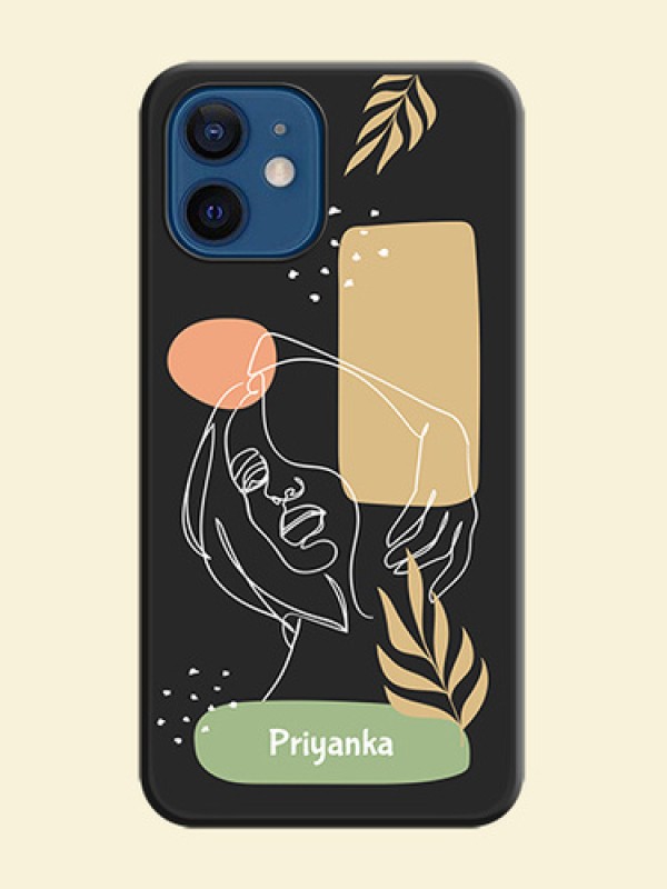 Custom Text With Line Art Of Women & Leaves Design On Space Black Personalized Soft Matte Phone Covers -Apple Iphone 12 Mini
