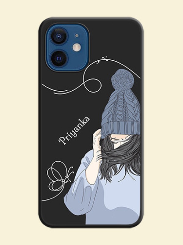 Girl With Blue Winter Outfiit Custom Text Design On Space Black Personalized Soft Matte Phone Covers -Apple Iphone 12 Mini