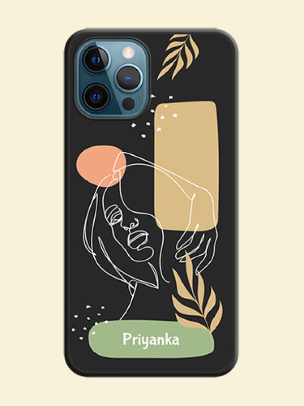 Custom Text With Line Art Of Women & Leaves Design On Space Black Personalized Soft Matte Phone Covers -Apple Iphone 12 Pro