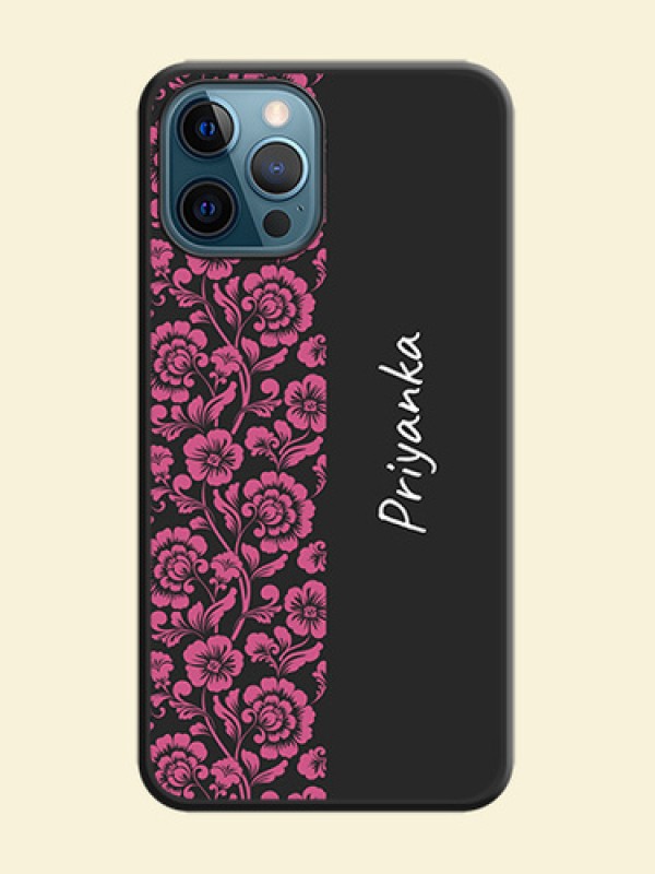 Pink Floral Pattern Design With Custom Text On Space Black Personalized Soft Matte Phone Covers -Apple Iphone 12 Pro