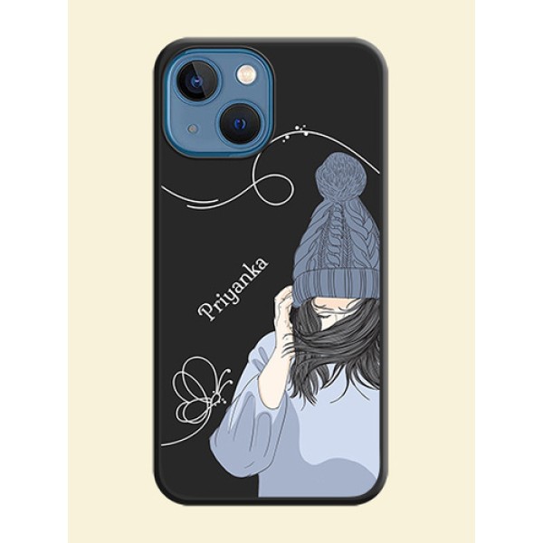 Girl With Blue Winter Outfiit Custom Text Design On Space Black Personalized Soft Matte Phone Covers -Apple Iphone 13 Mini Girl With Blue Winter Outfiit Custom Text Design On Space Black Personalized Soft Matte Phone Covers -Apple Iphone 13 Mini