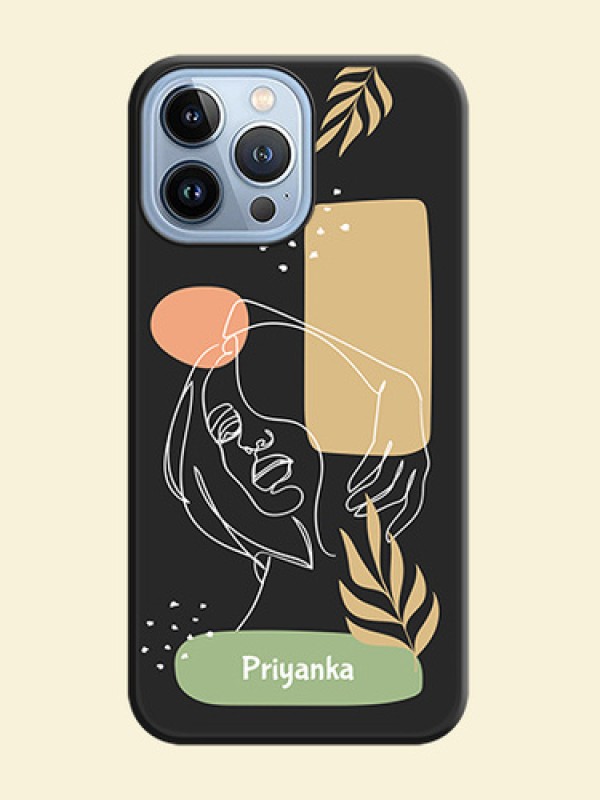 Custom Text With Line Art Of Women & Leaves Design On Space Black Personalized Soft Matte Phone Covers -Apple Iphone 13 Pro Max