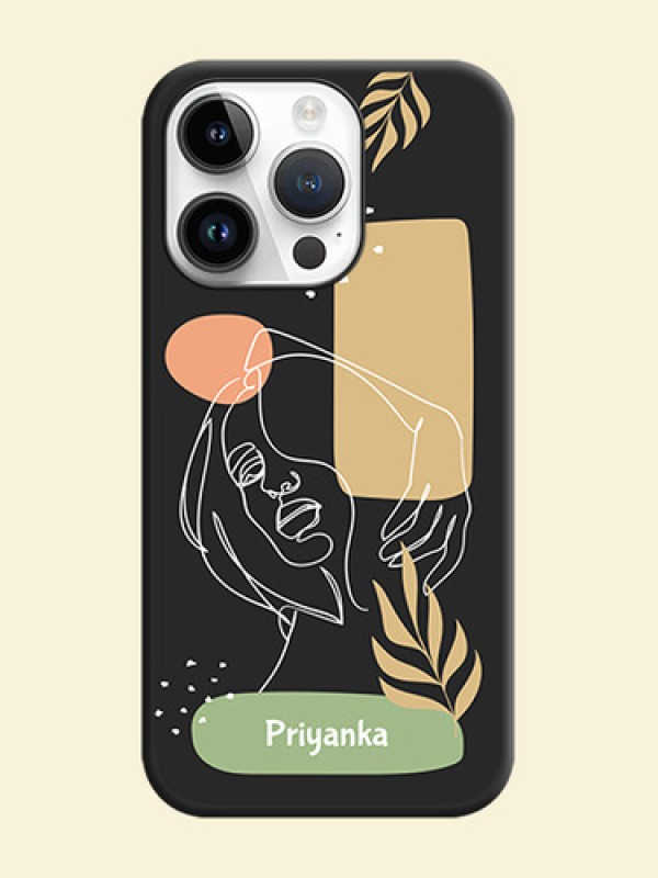 Custom Text With Line Art Of Women & Leaves Design On Space Black Personalized Soft Matte Phone Covers -Apple Iphone 14 Pro Max